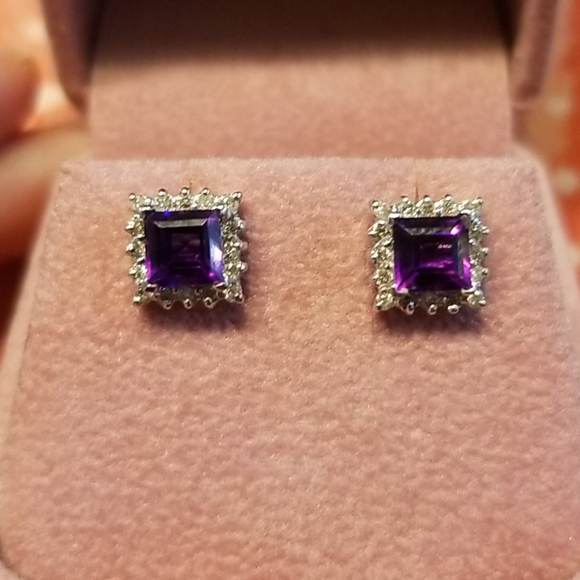 14k amethyst and diamond earrings white gold